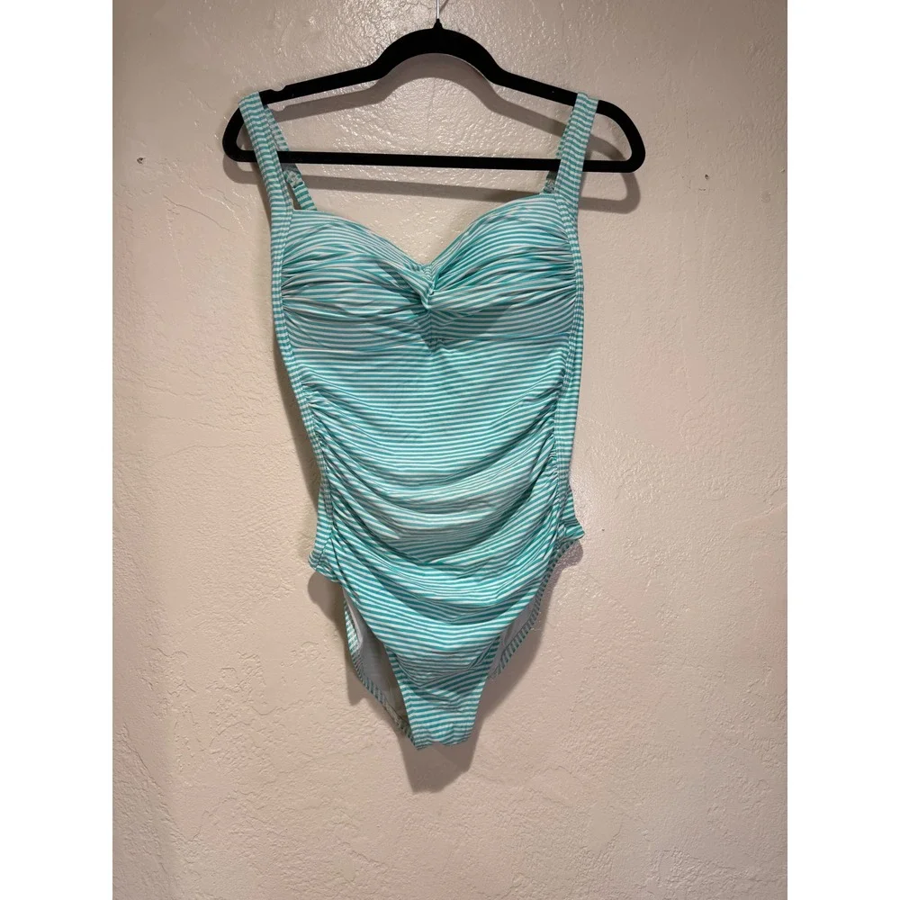 Bond-Eye Australia Teal White Striped Ruched One Piece Swimsuit US‎ 10 Multi Cup